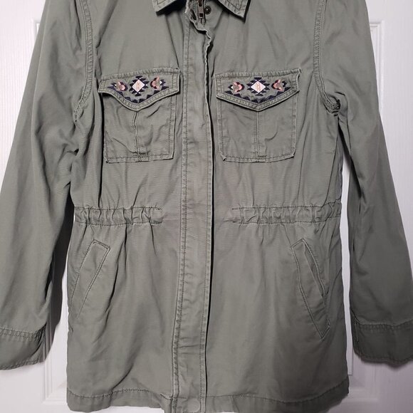 Wild Pearl Embroidered Aztec Jacket Cotton Full Zip Army Green Womens Small - Picture 3 of 14